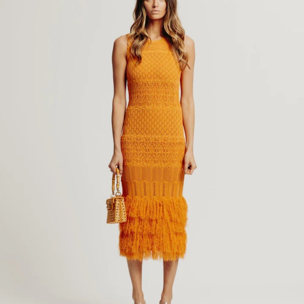 Torn by Ronny Kobo Orange Knit Maxi Dress with Feathered Hem